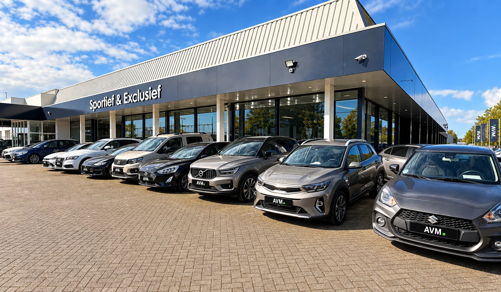 Bedrijfspand Sportief & Exclusief van AVM Auto Verkoop Makelaar met een rij auto's voorzien van AVM-kentekenplaten, klaar voor verkoop